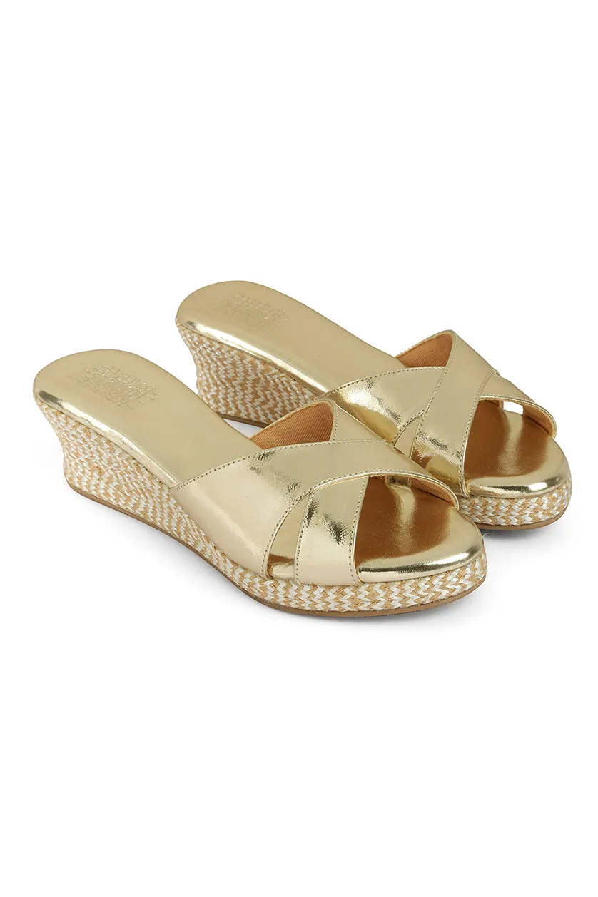 Light Gold Cross Front Low Wedges