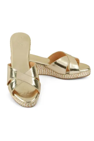 Light Gold Cross Front Low Wedges