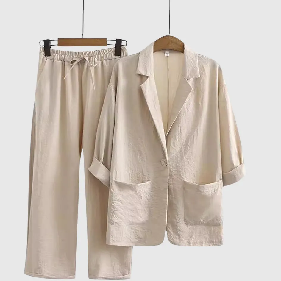 Linen Set – Relaxed Blazer   Drawstring Pants – Casual Resort Style