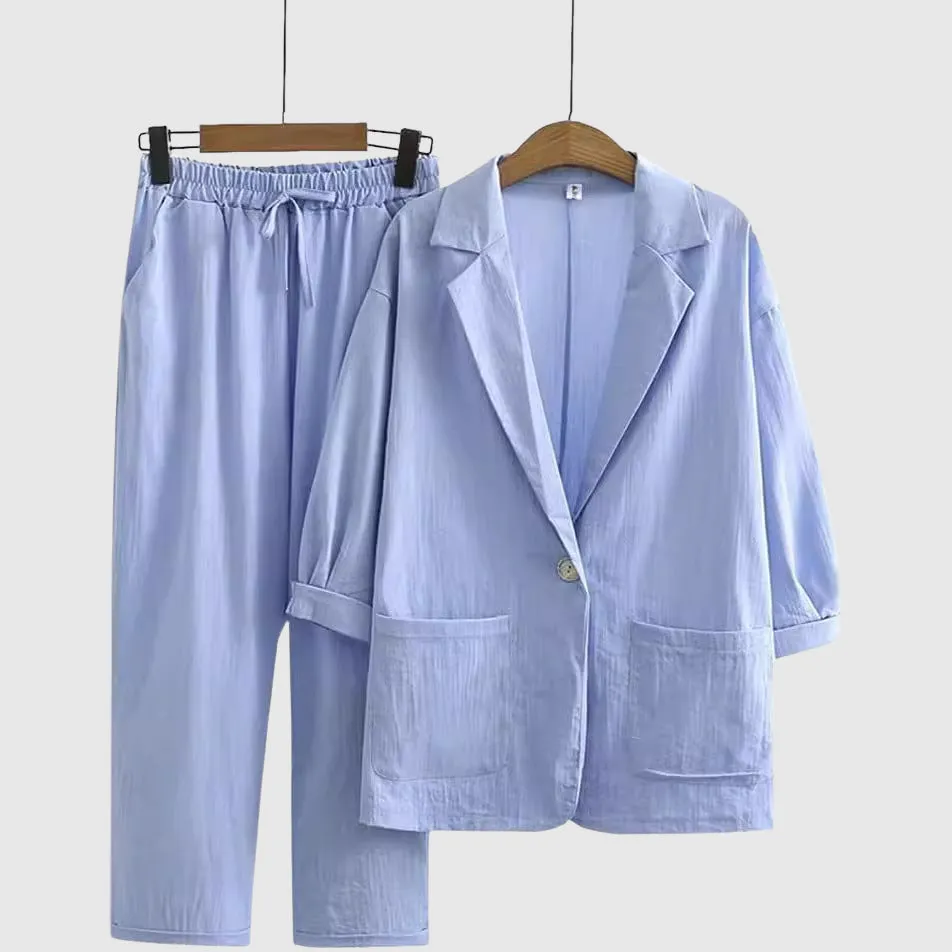Linen Set – Relaxed Blazer   Drawstring Pants – Casual Resort Style
