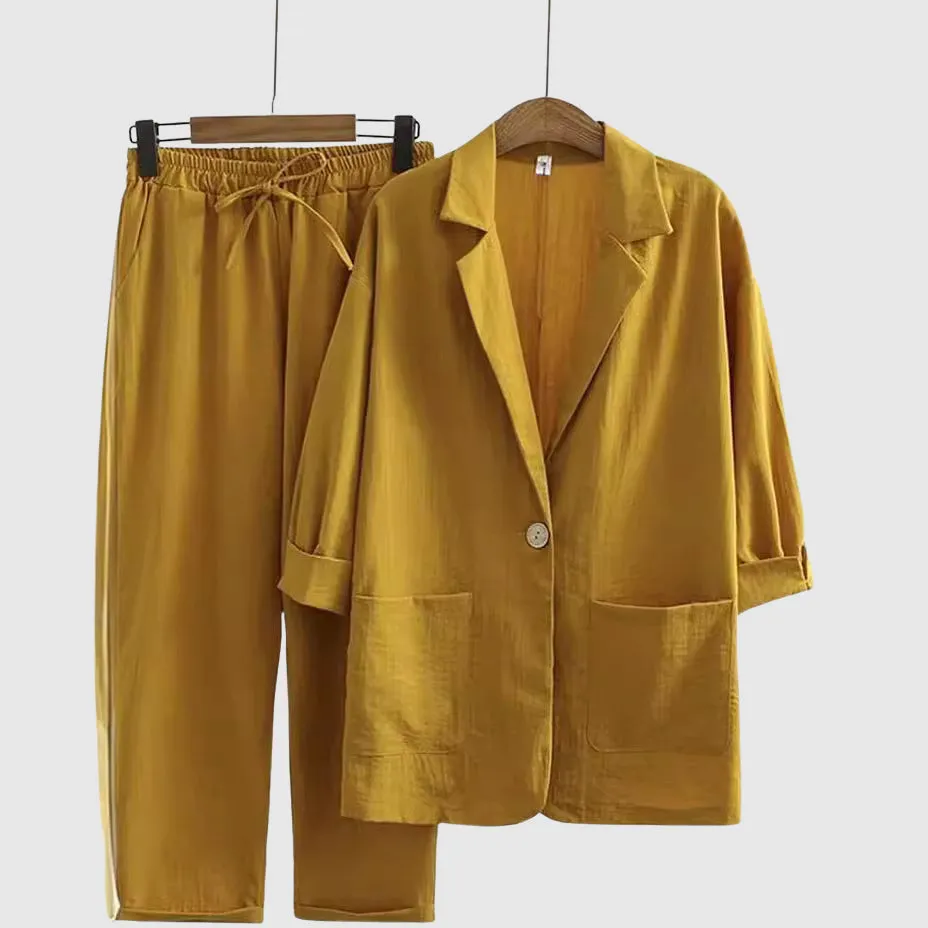 Linen Set – Relaxed Blazer   Drawstring Pants – Casual Resort Style