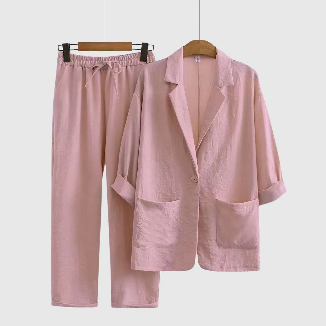 Linen Set – Relaxed Blazer   Drawstring Pants – Casual Resort Style