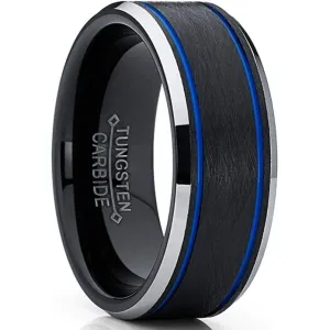 Lion Double Blue Grooved Silver Beveled Edges Black Brushed Tungsten Ring - 8mm