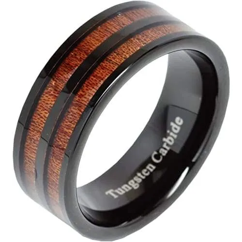 Lowell Men's Black Tungsten Carbide Wedding Ring Koa Wood Inlaid - 8mm
