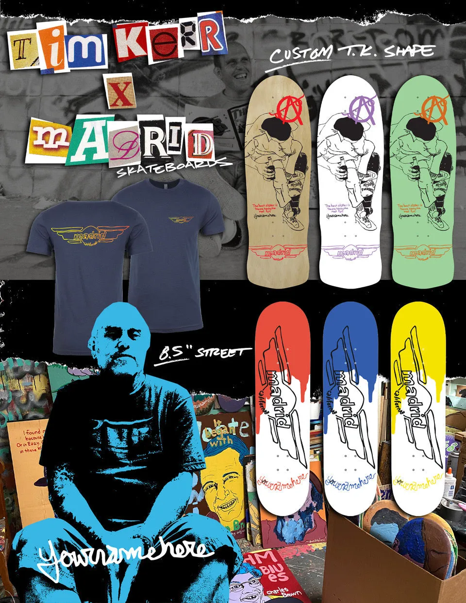 Madrid x Tim Kerr OS Shape LTD Skateboard Deck Includes T-Shirt