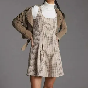 Maeve Anthropologie Jacquard Dusty Pink Tan Mini Skater Dress Pockets Size Small