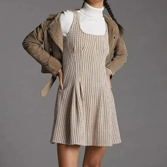 Maeve Anthropologie Jacquard Dusty Pink Tan Mini Skater Dress Pockets Size Small