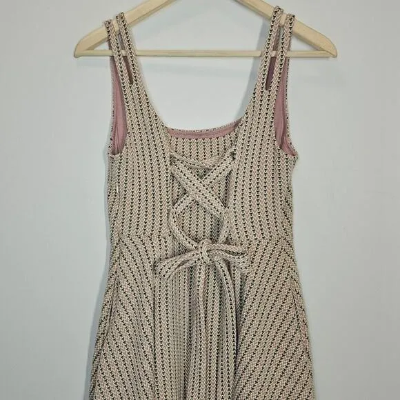 Maeve Anthropologie Jacquard Dusty Pink Tan Mini Skater Dress Pockets Size Small