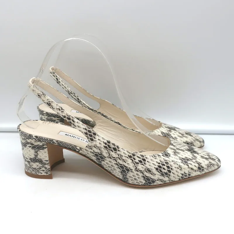 Manolo Blahnik Allurasa Slingback Pumps Cream Snakeskin Size 38.5 NEW