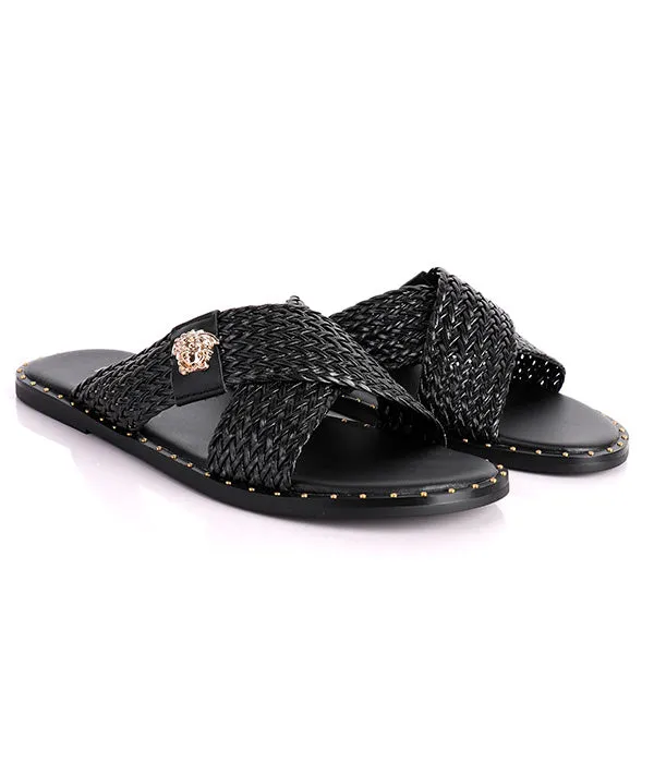 Medusa Twill Weave Men's-Stone Embellished Crisscross Slides|Black