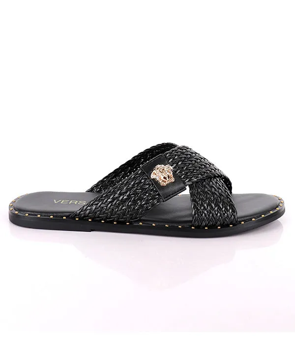Medusa Twill Weave Men's-Stone Embellished Crisscross Slides|Black