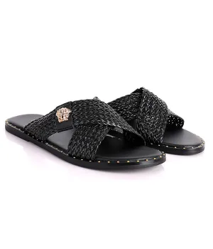 Medusa Twill Weave Men's-Stone Embellished Crisscross Slides|Black