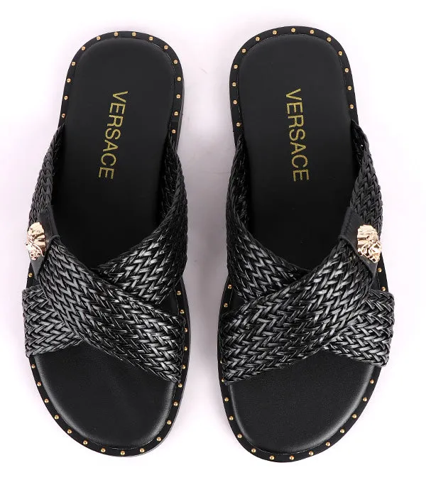 Medusa Twill Weave Men's-Stone Embellished Crisscross Slides|Black