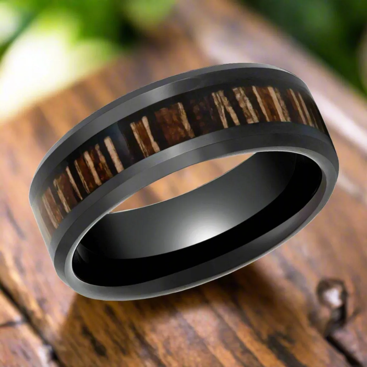 MESA | Black Tungsten Ring, Brazilian Tigerwood Inlay, Beveled