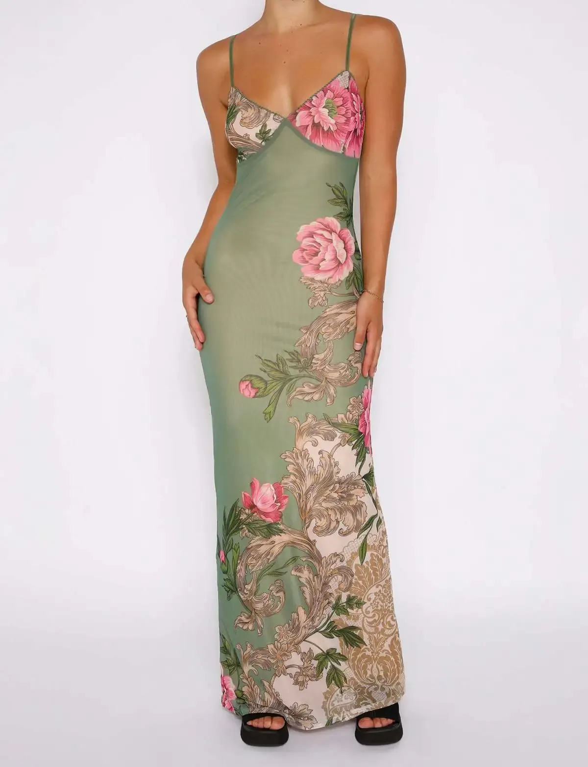 Mia Floral Print Spaghetti Strap Bodycon Maxi Dress