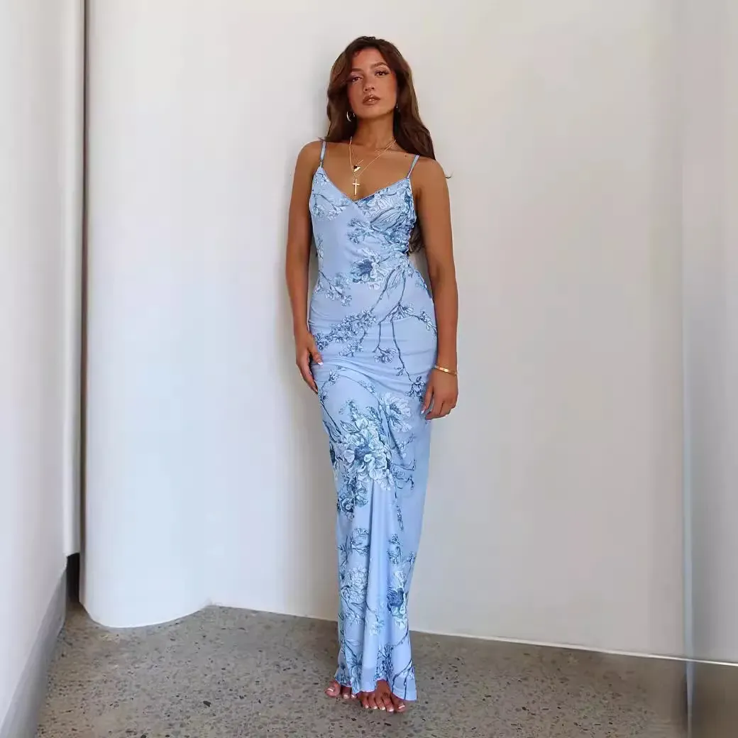 Mia Floral Print Spaghetti Strap Bodycon Maxi Dress