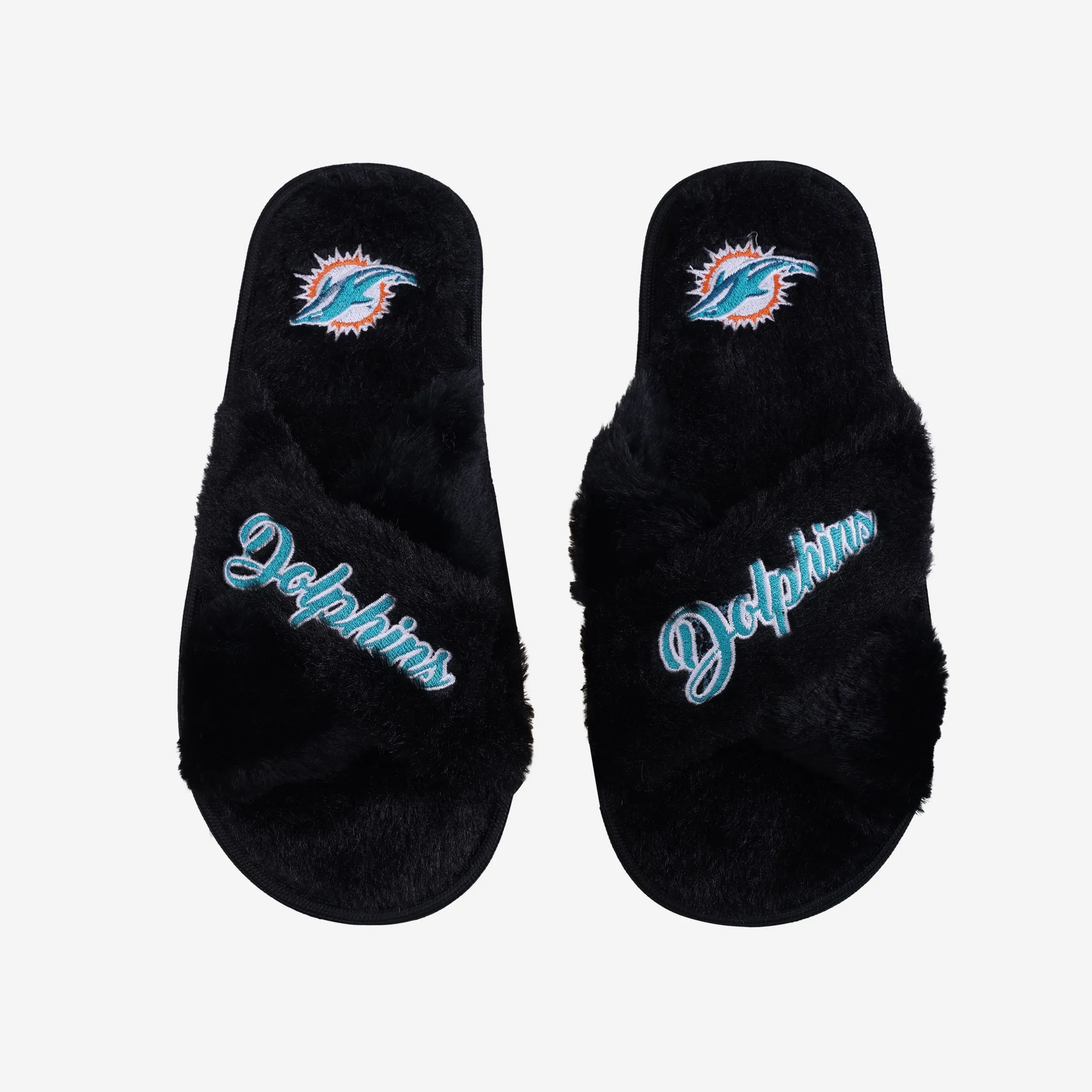 Miami Dolphins Womens Script Wordmark Fur Cross Slide