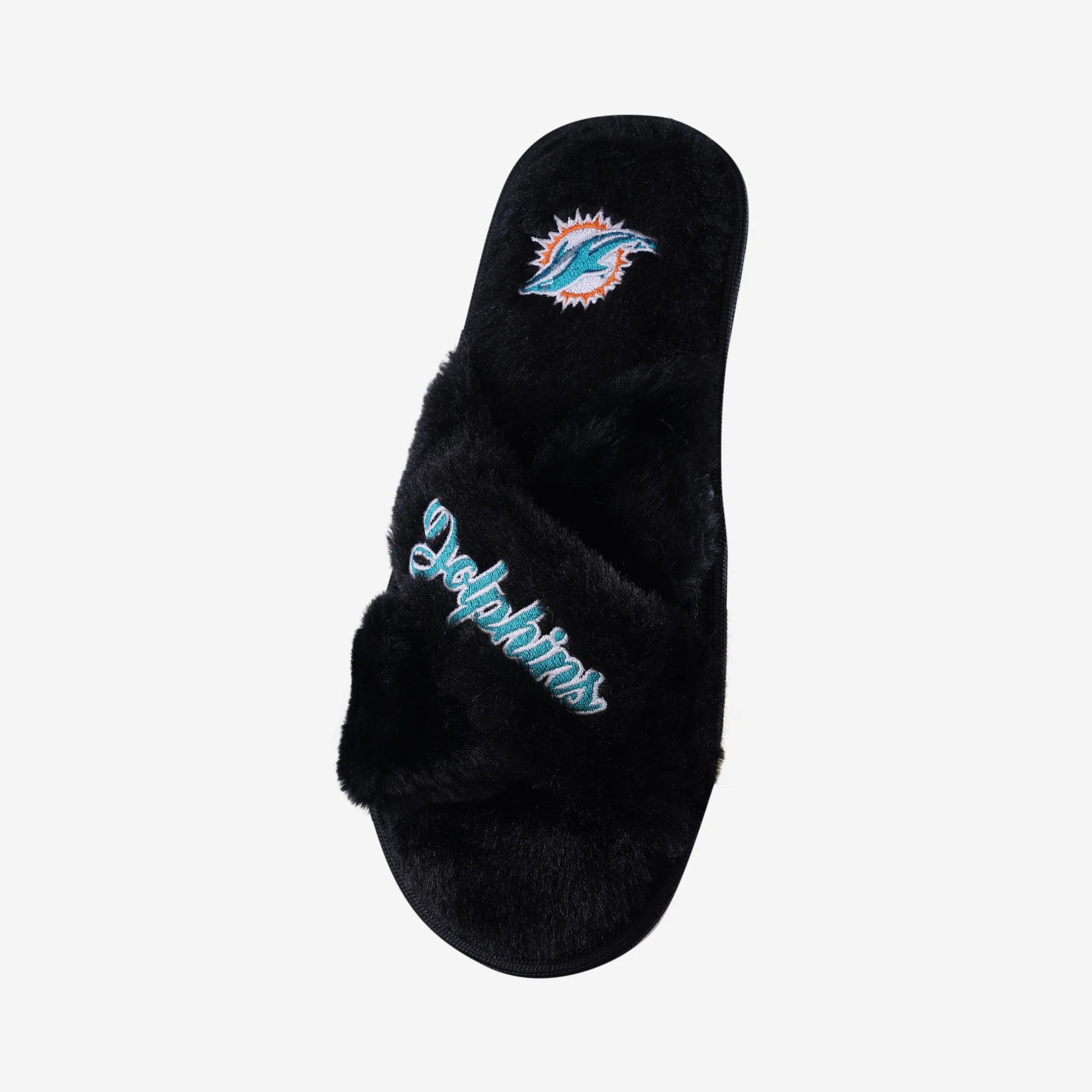Miami Dolphins Womens Script Wordmark Fur Cross Slide