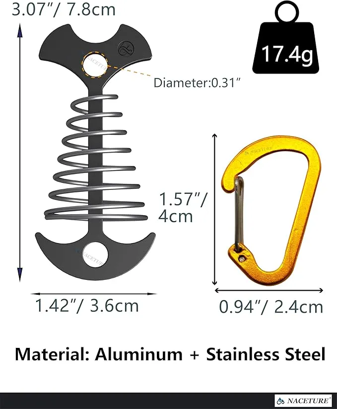 NACETURE Deck Anchors Pegs with Carabiners - Tie Down Anchor Rope Tensioner | Rope Tent Tie Down Stakes Clips, Canopy Tent Anchors Outdoor Camping Tent Accessories 10 Pack (Black)