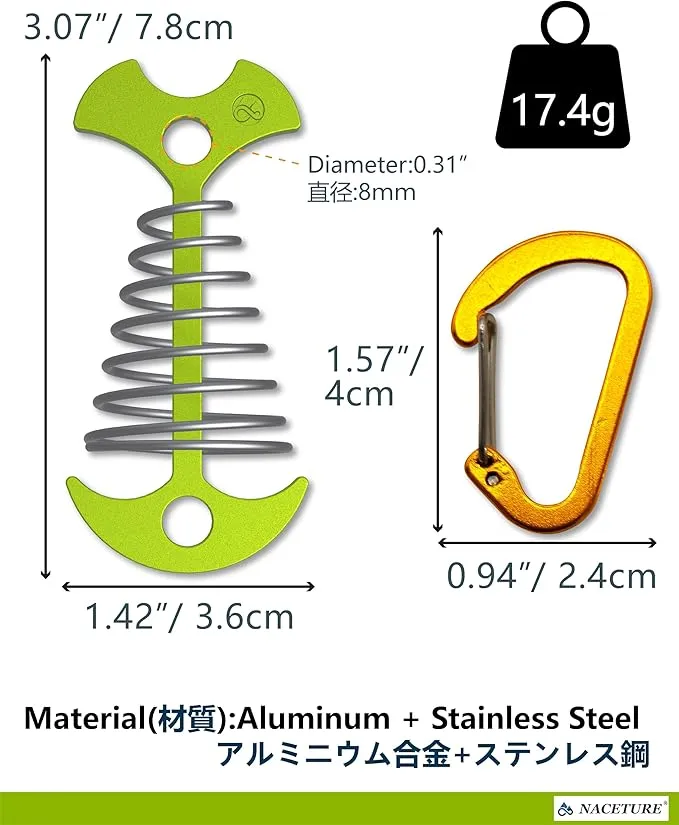 NACETURE Deck Anchors Pegs with Carabiners - Tie Down Anchor Rope Tensioner | Rope Tent Tie Down Stakes Clips, Canopy Tent Anchors Outdoor Camping Tent Accessories 10 Pack (Green)