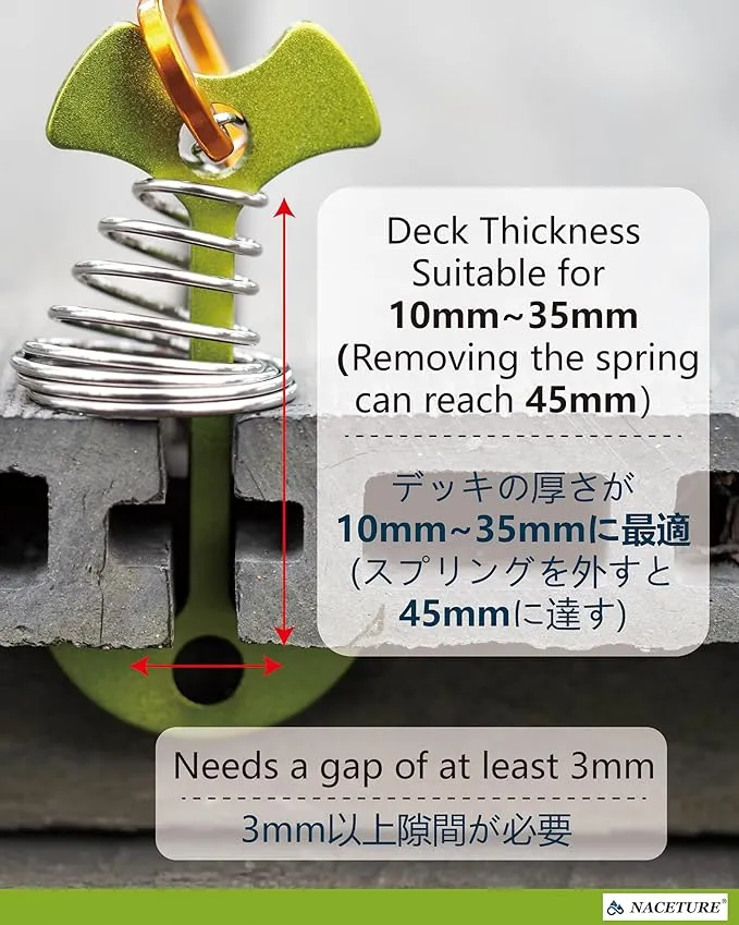 NACETURE Deck Anchors Pegs with Carabiners - Tie Down Anchor Rope Tensioner | Rope Tent Tie Down Stakes Clips, Canopy Tent Anchors Outdoor Camping Tent Accessories 10 Pack (Green)