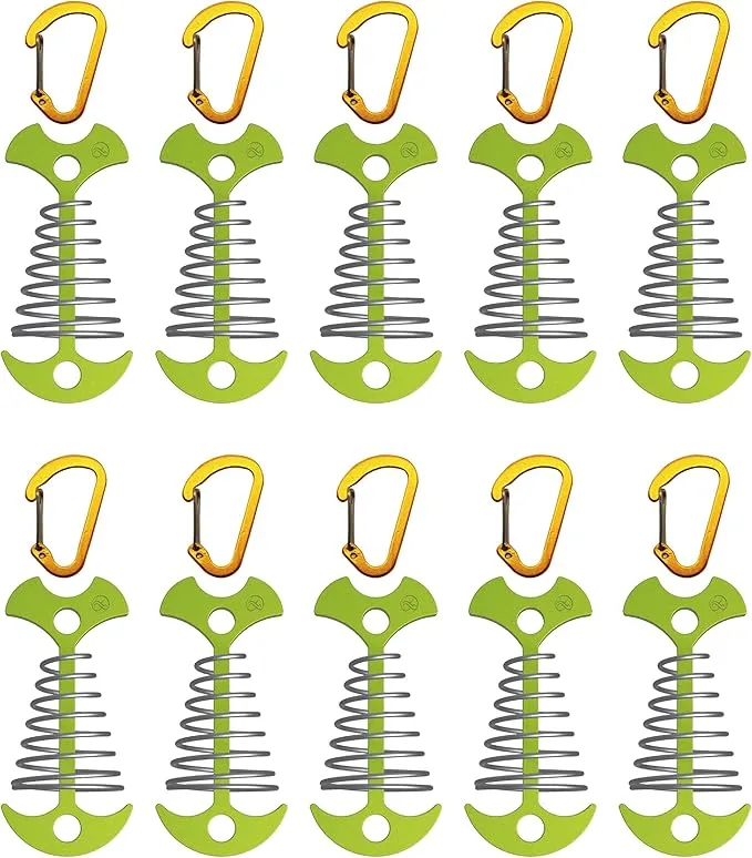 NACETURE Deck Anchors Pegs with Carabiners - Tie Down Anchor Rope Tensioner | Rope Tent Tie Down Stakes Clips, Canopy Tent Anchors Outdoor Camping Tent Accessories 10 Pack (Green)