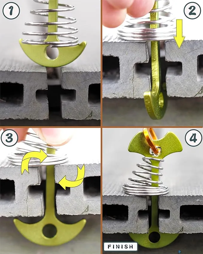 NACETURE Deck Anchors Pegs with Carabiners - Tie Down Anchor Rope Tensioner | Rope Tent Tie Down Stakes Clips, Canopy Tent Anchors Outdoor Camping Tent Accessories 10 Pack (Green)