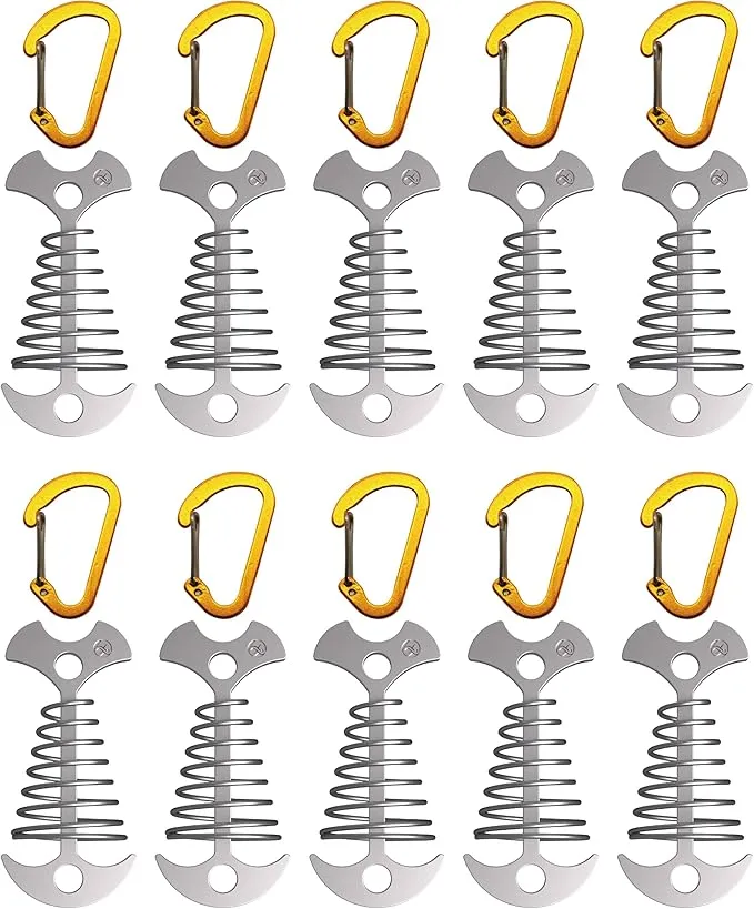 NACETURE Deck Anchors Pegs with Carabiners - Tie Down Anchor Rope Tensioner | Rope Tent Tie Down Stakes Clips, Canopy Tent Anchors Outdoor Camping Tent Accessories 10 Pack (Sliver)