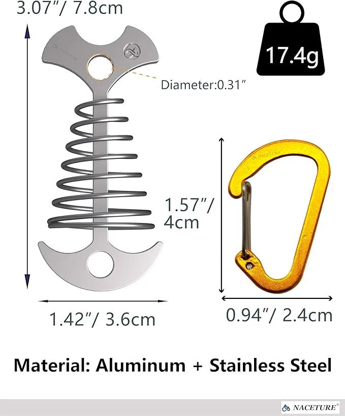NACETURE Deck Anchors Pegs with Carabiners - Tie Down Anchor Rope Tensioner | Rope Tent Tie Down Stakes Clips, Canopy Tent Anchors Outdoor Camping Tent Accessories 10 Pack (Sliver)
