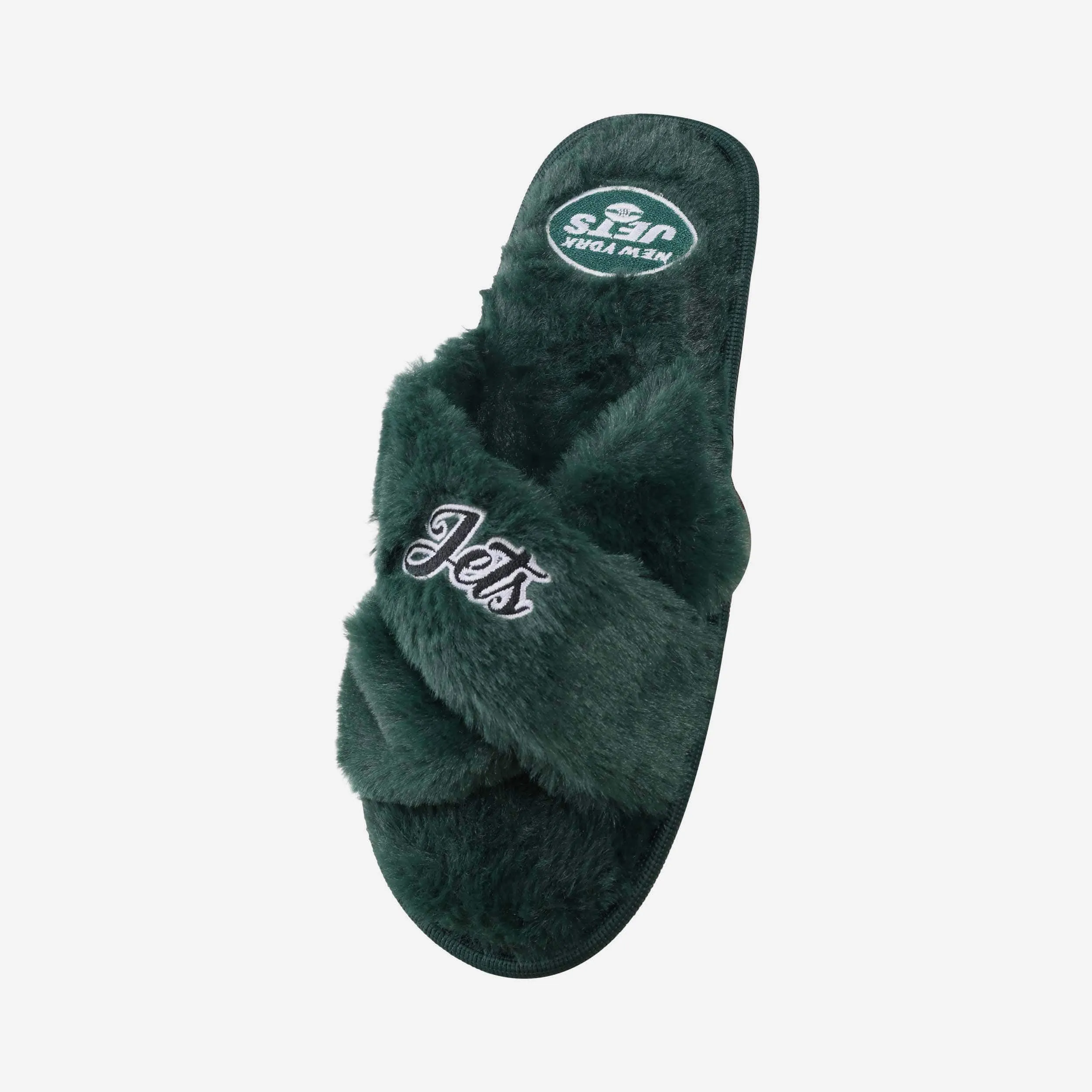 New York Jets Womens Script Wordmark Fur Cross Slide
