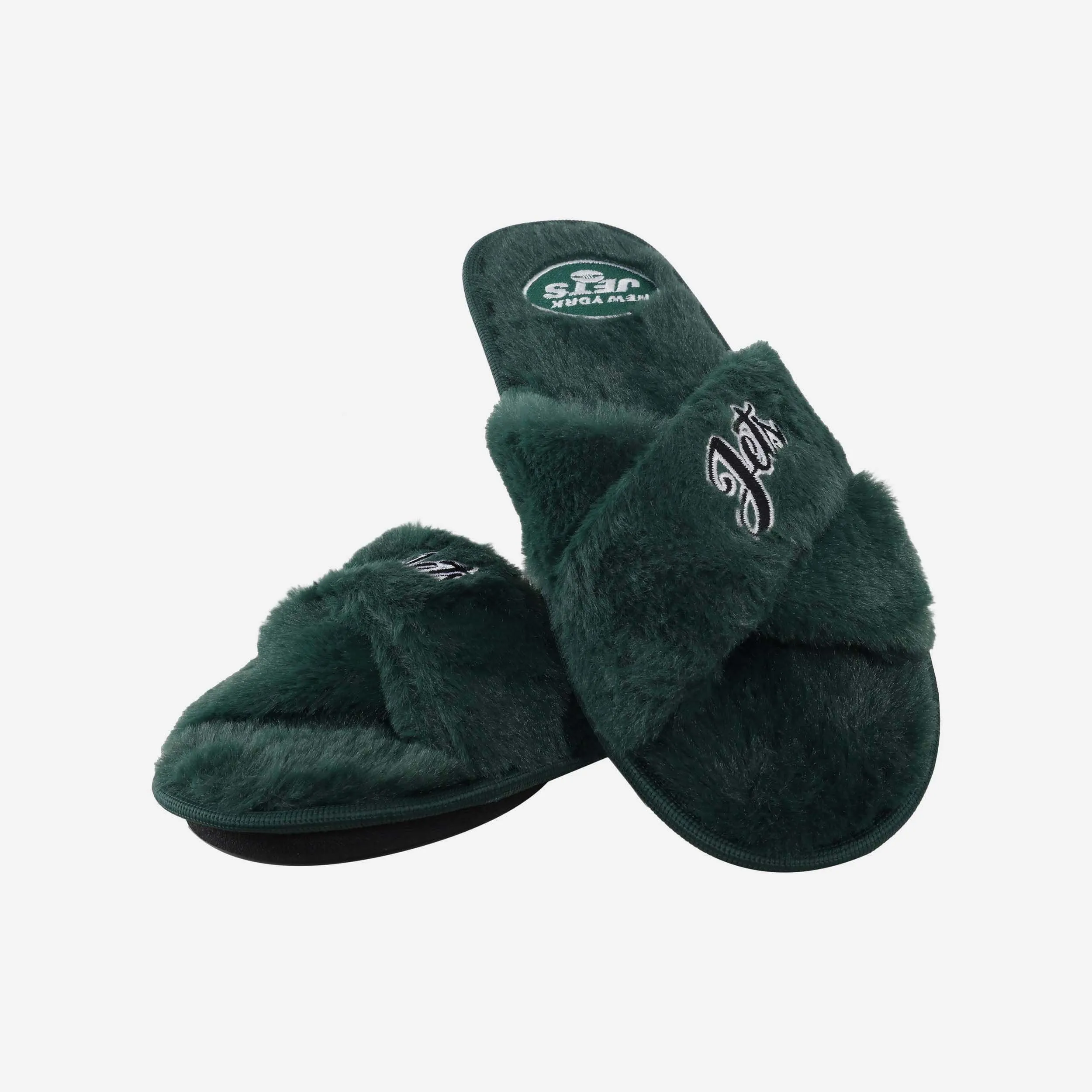 New York Jets Womens Script Wordmark Fur Cross Slide