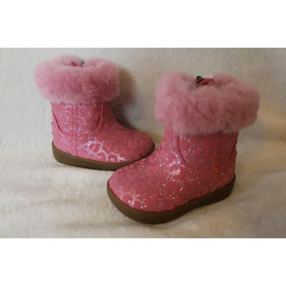 NIB UGG Girls Infant Metallic Pink Leopard Shearling Boots Booties 2/3