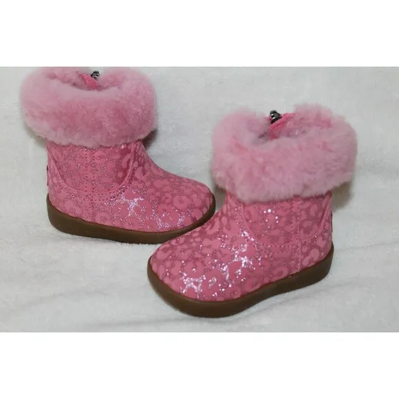 NIB UGG Girls Infant Metallic Pink Leopard Shearling Boots Booties 2/3