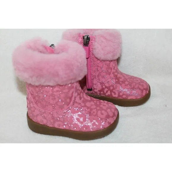 NIB UGG Girls Infant Metallic Pink Leopard Shearling Boots Booties 2/3