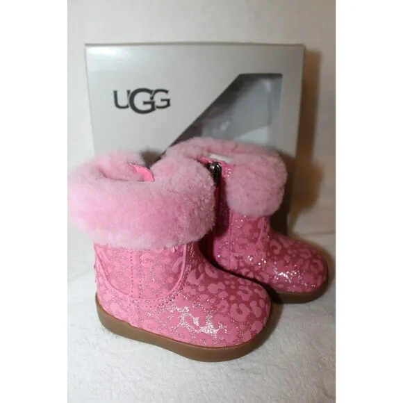 NIB UGG Girls Infant Metallic Pink Leopard Shearling Boots Booties 2/3
