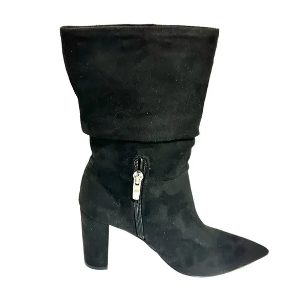 Nine West Denner Black Faux Suede Slouchy Pointed Toe Heeled Booties Size 6.5M