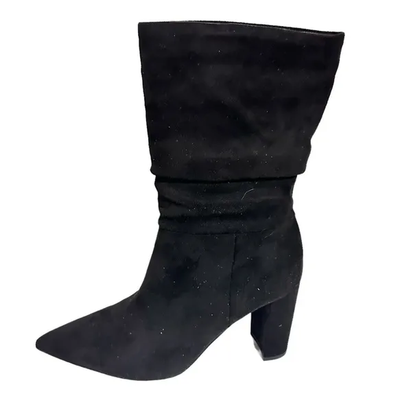 Nine West Denner Black Faux Suede Slouchy Pointed Toe Heeled Booties Size 6.5M