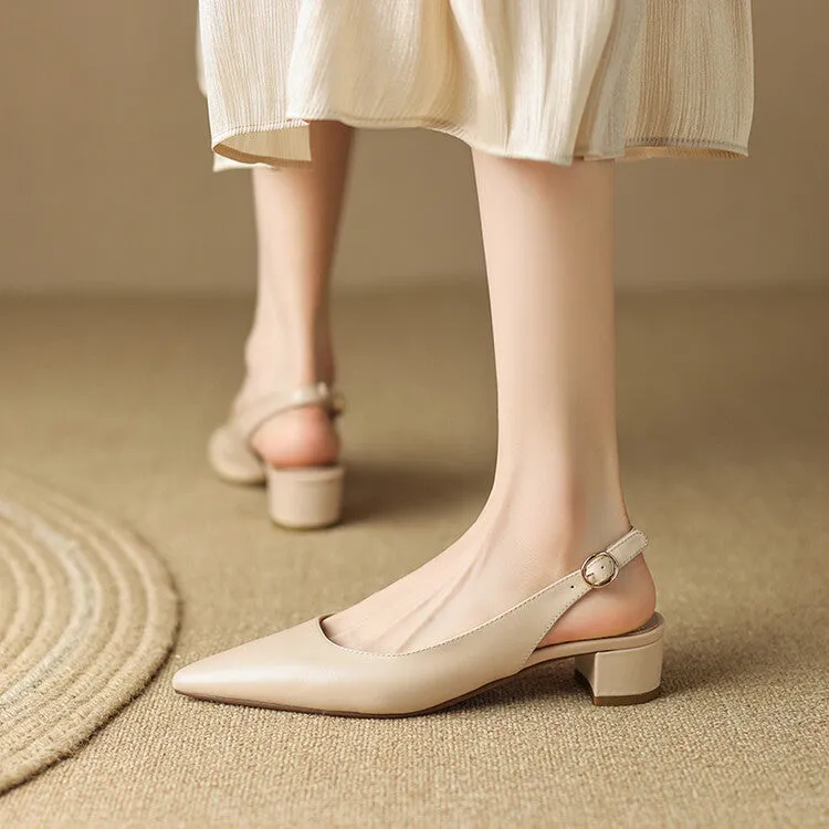 Off-White Beige Black Block Heel Slingback Pumps #001086