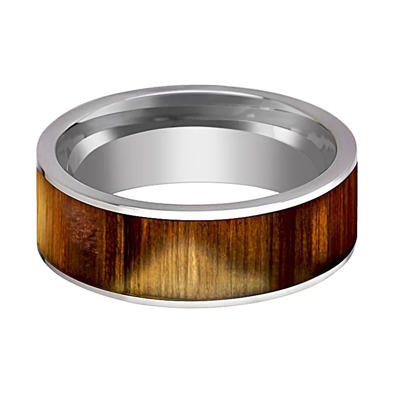 OLIVASTER | Silver Tungsten Ring, Olive Wood Inlay, Flat