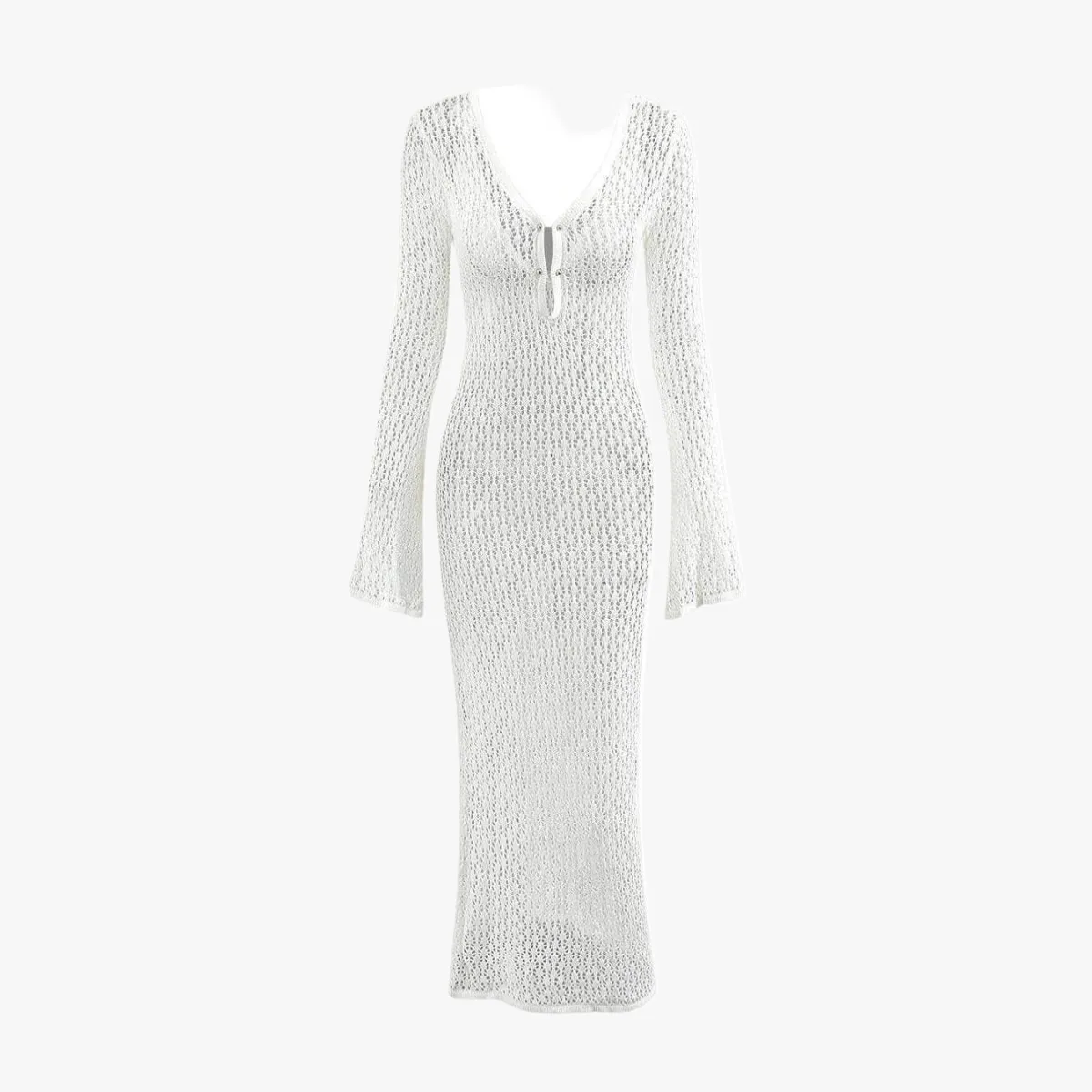 Open-Knit Maxi Dress with Flared Sleeves