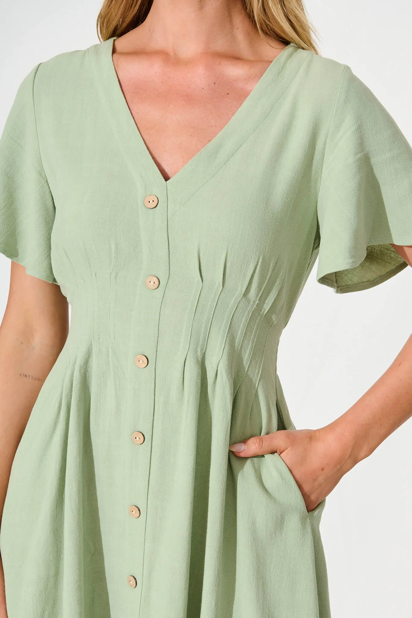 Pale Green Linen Blend Amaya Dress
