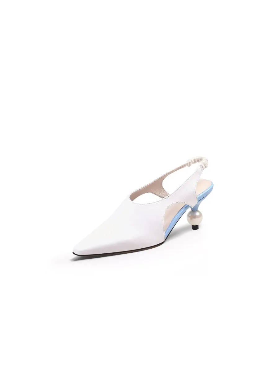 Pearl Heel Cut-Out Leather Cream Slingback