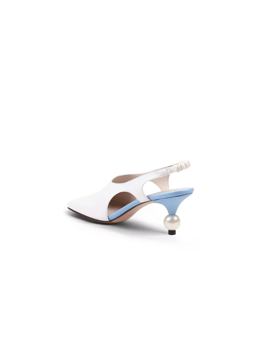 Pearl Heel Cut-Out Leather Cream Slingback