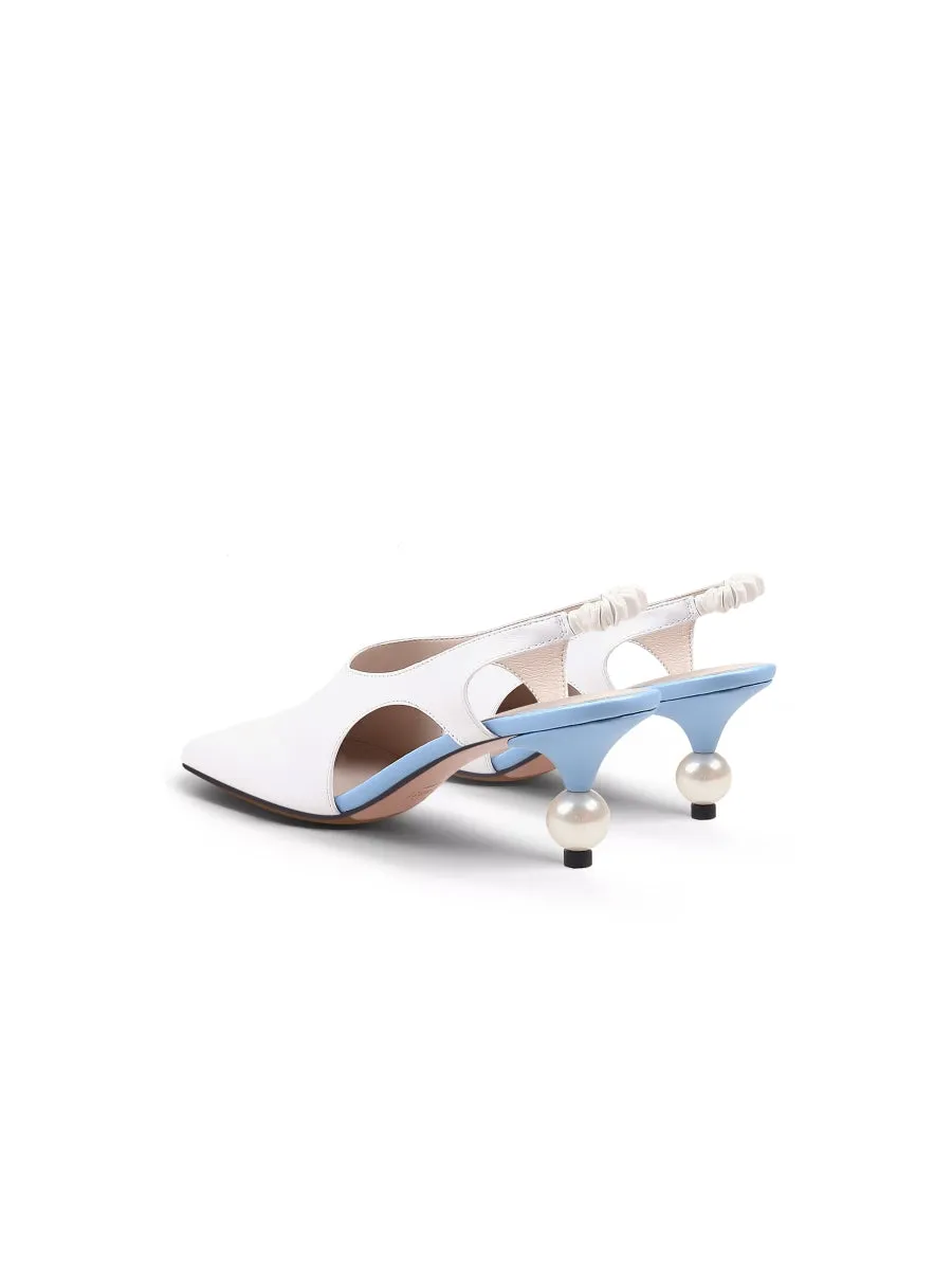 Pearl Heel Cut-Out Leather Cream Slingback