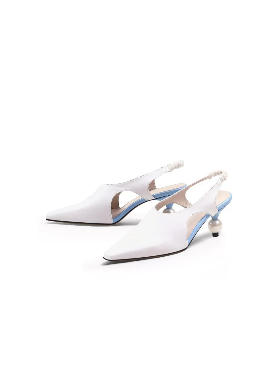 Pearl Heel Cut-Out Leather Cream Slingback