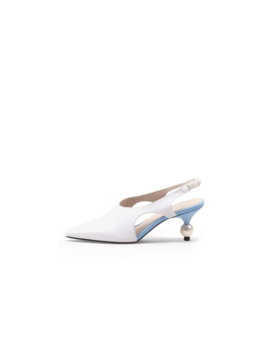 Pearl Heel Cut-Out Leather Cream Slingback