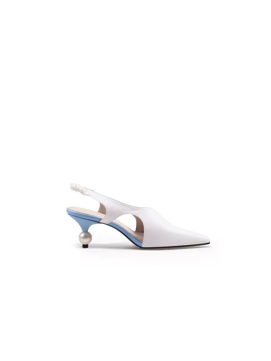 Pearl Heel Cut-Out Leather Cream Slingback