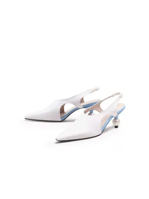 Pearl Heel Cut-Out Leather Cream Slingback