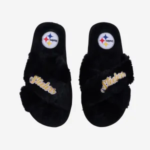 Pittsburgh Steelers Womens Script Wordmark Fur Cross Slide