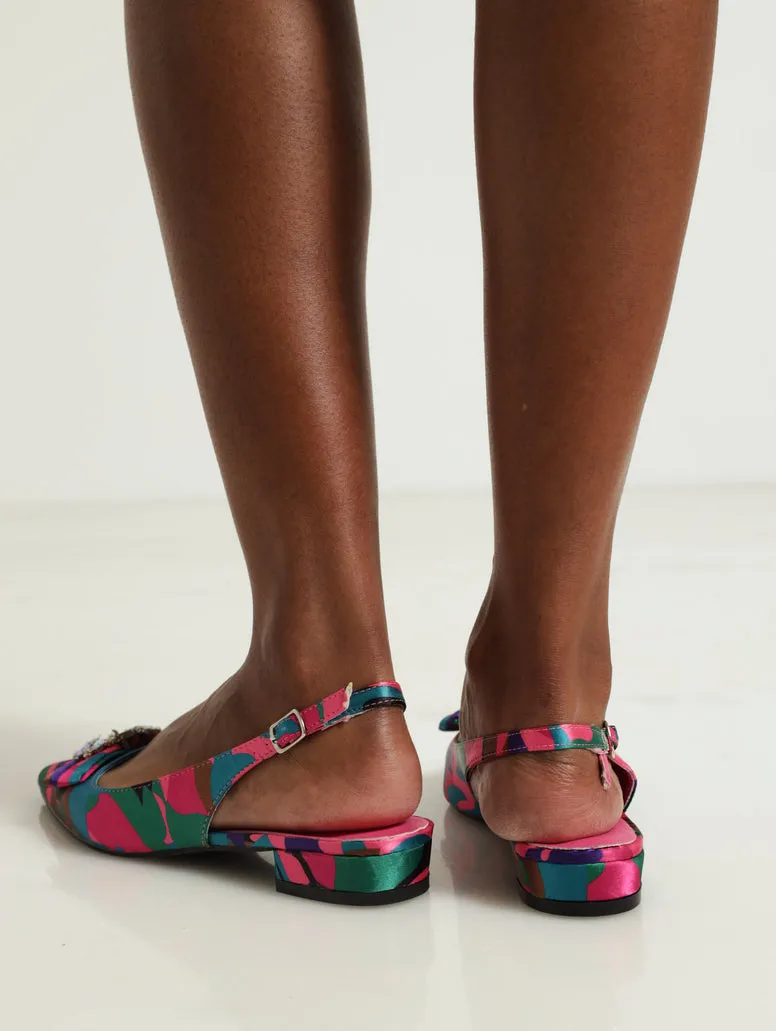 Printed Pointy Pump With Bow & Jewel Trim Slingback - Multi